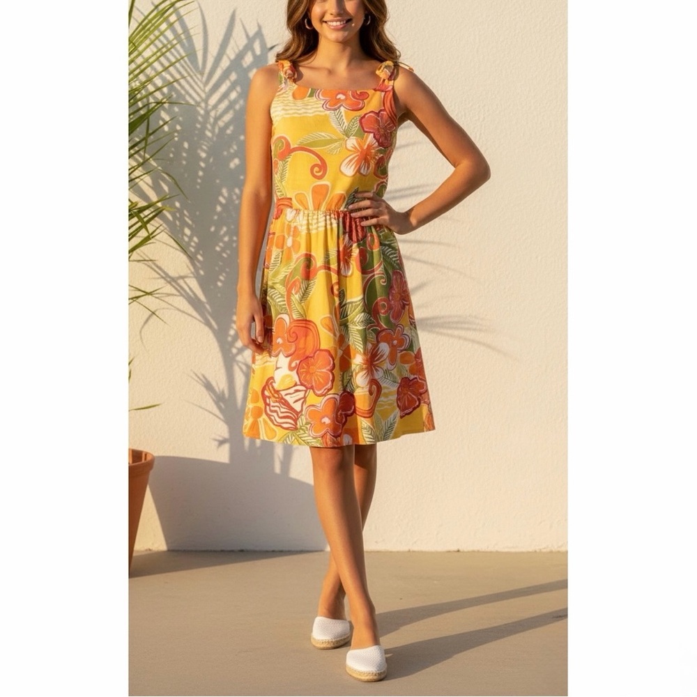 DAVID MEISTER Tropical Floral Tie Strap Knee Length Mini Dress Yellow Orange 6